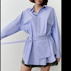 Striped Belted Blue Women's Shirt Oversized S ZARA